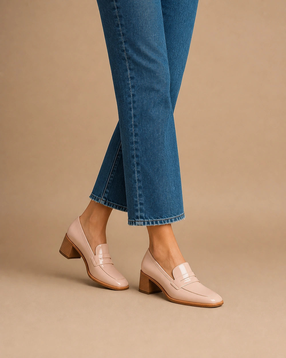 Mocassins rosa-pó brilhantes de senhora com salto baixo — imagem do produto 2
