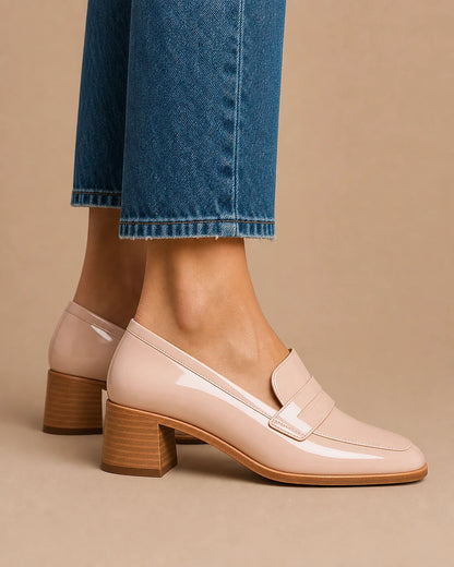 Mocassins rosa-pó brilhantes de senhora com salto baixo — imagem do produto 4