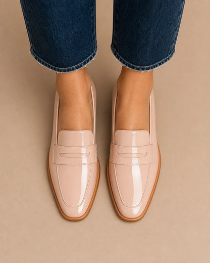 Mocassins rosa-pó brilhantes de senhora com salto baixo — imagem do produto 5