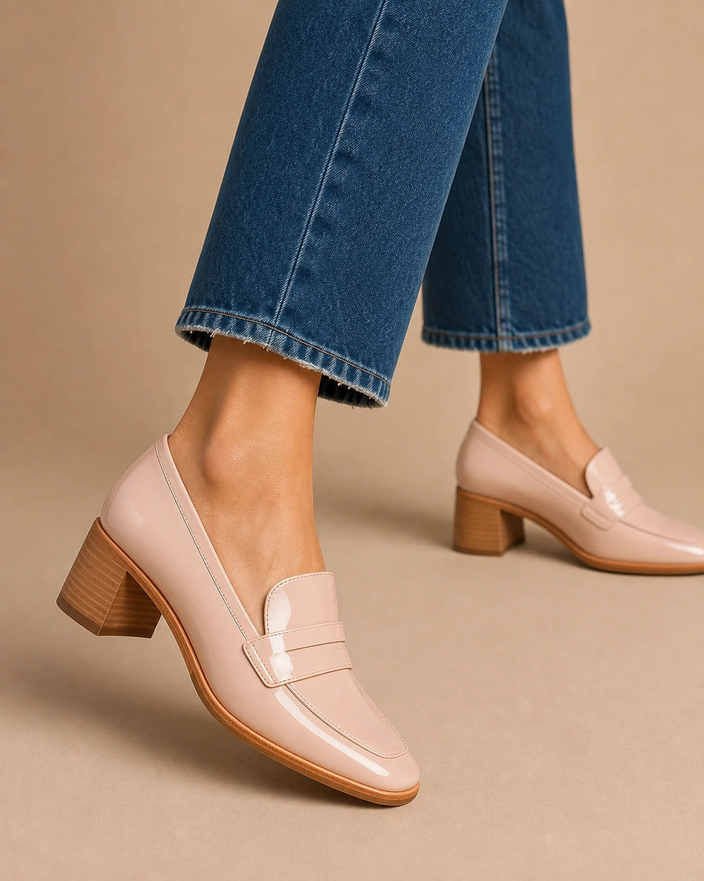 Mocassins rosa-pó brilhantes de senhora com salto baixo — imagem do produto 7