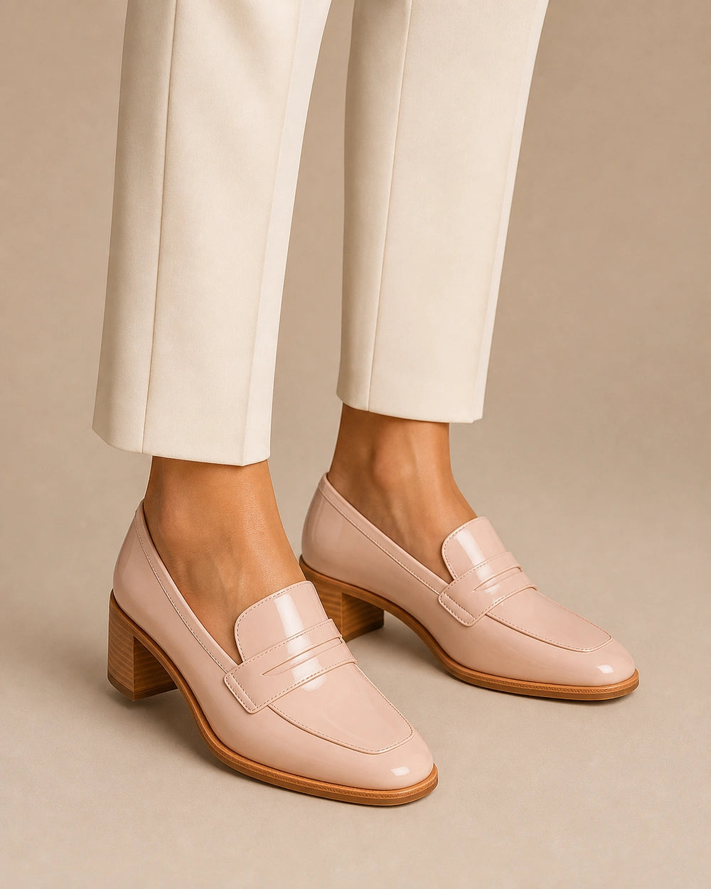 Mocassins rosa-pó brilhantes de senhora com salto baixo — imagem do produto 8