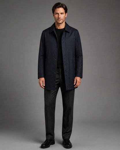 Dark blue mid-length coat for men, front view.