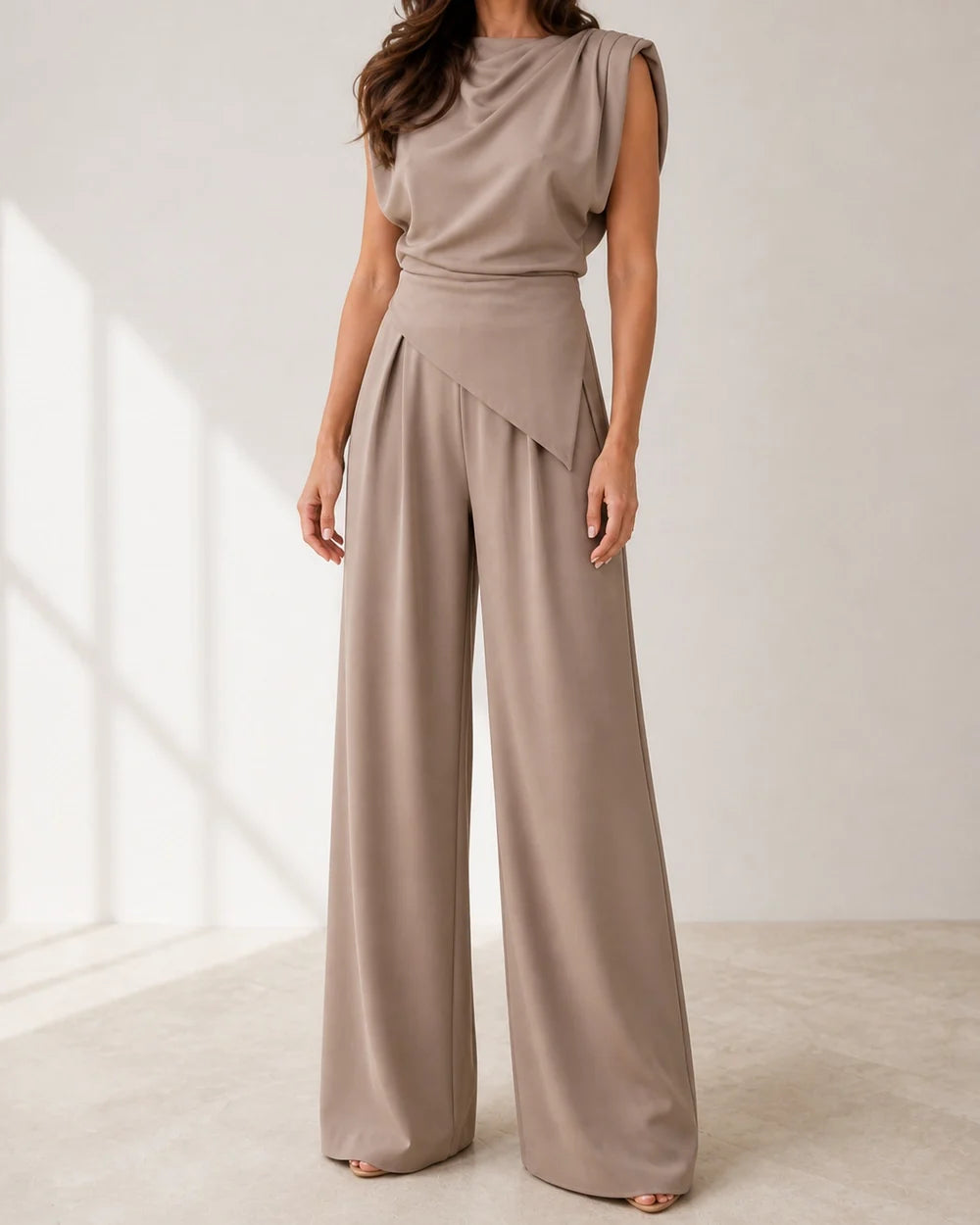 Women's khaki asymmetric draped top and wide-leg trousers set, product-first view.