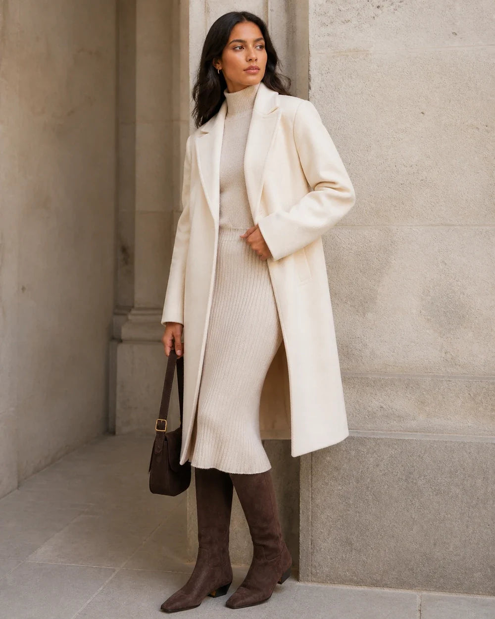 Chocolate square-toe knee-high boots, styling view
