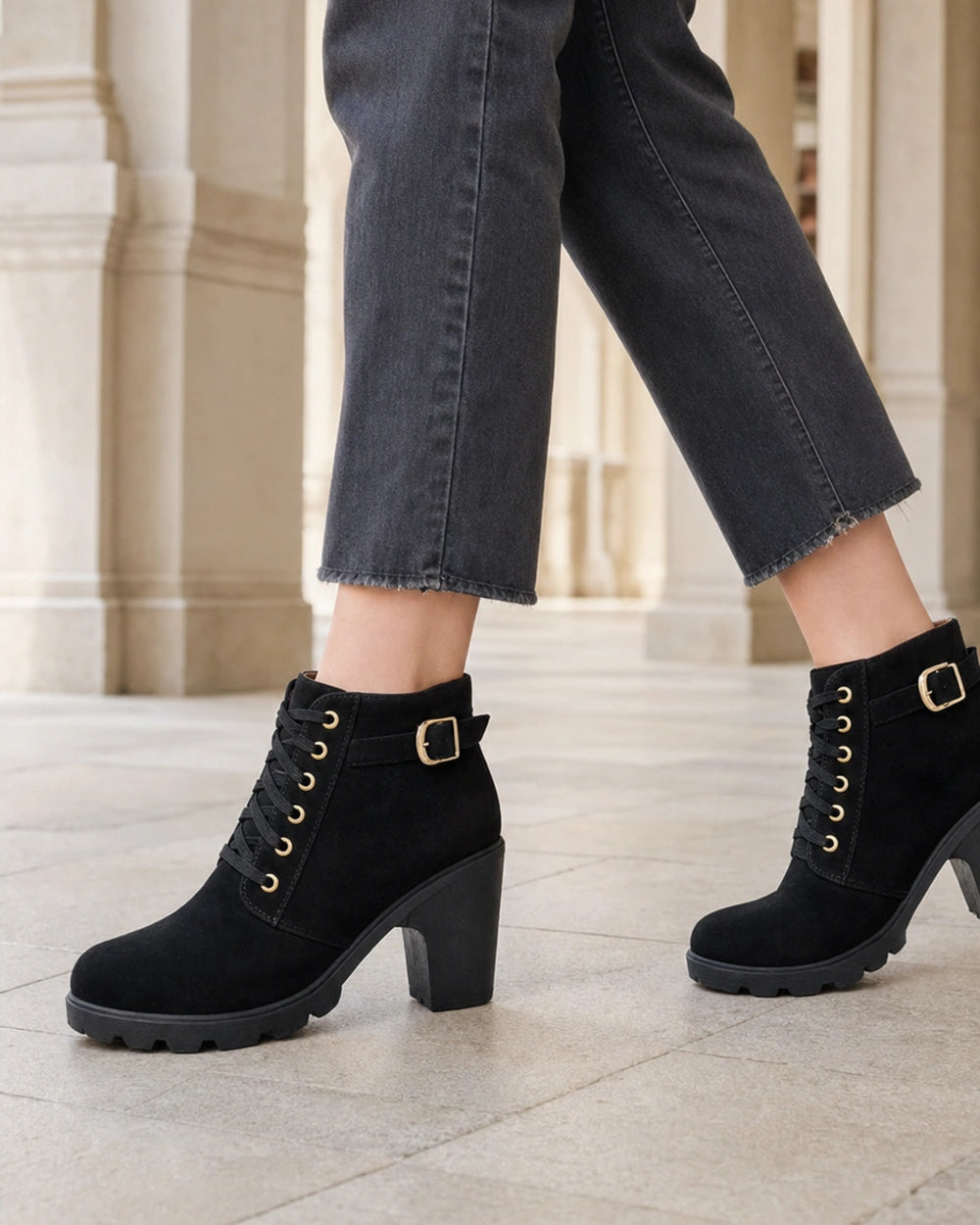 Momount Women Chunky-Heel Ankle Boots – Lace-Up, Gold-Tone Buckle, black, walking view.