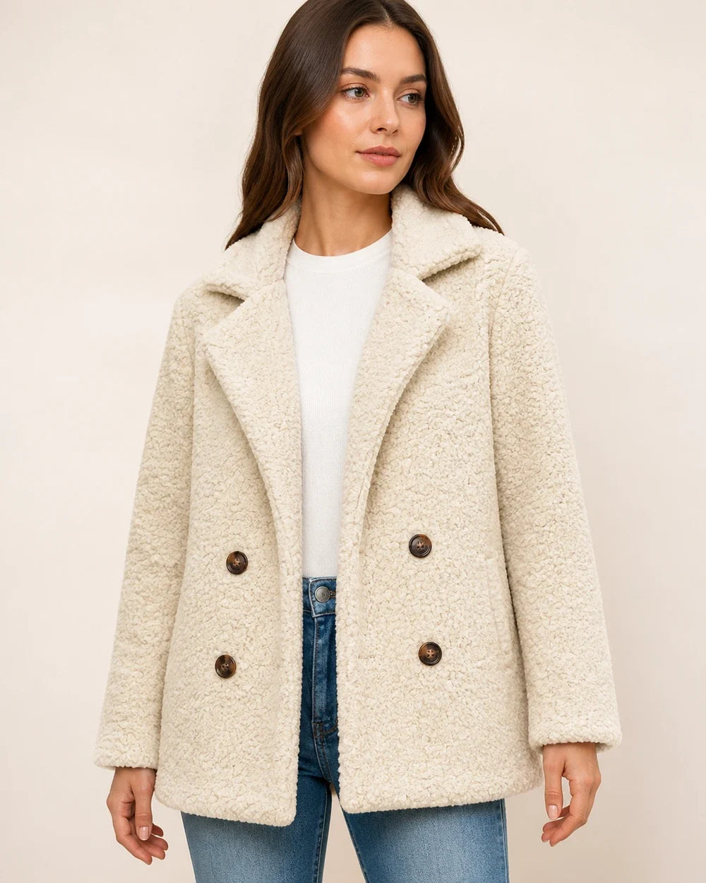 Cream White double-breasted teddy coat worn, product hero.