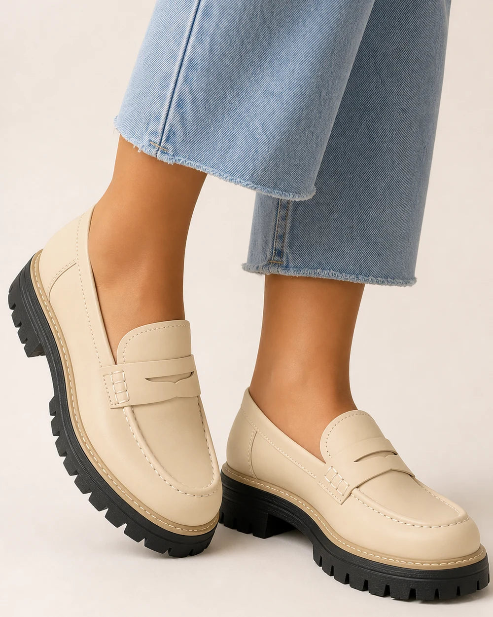 Momount Women Platform Loafers – Lug Sole Penny Strap Slip-On Round Toe — momount-women-platform-loafers-lug-sole-penny-strap-beige-01-worn-hero.webp
