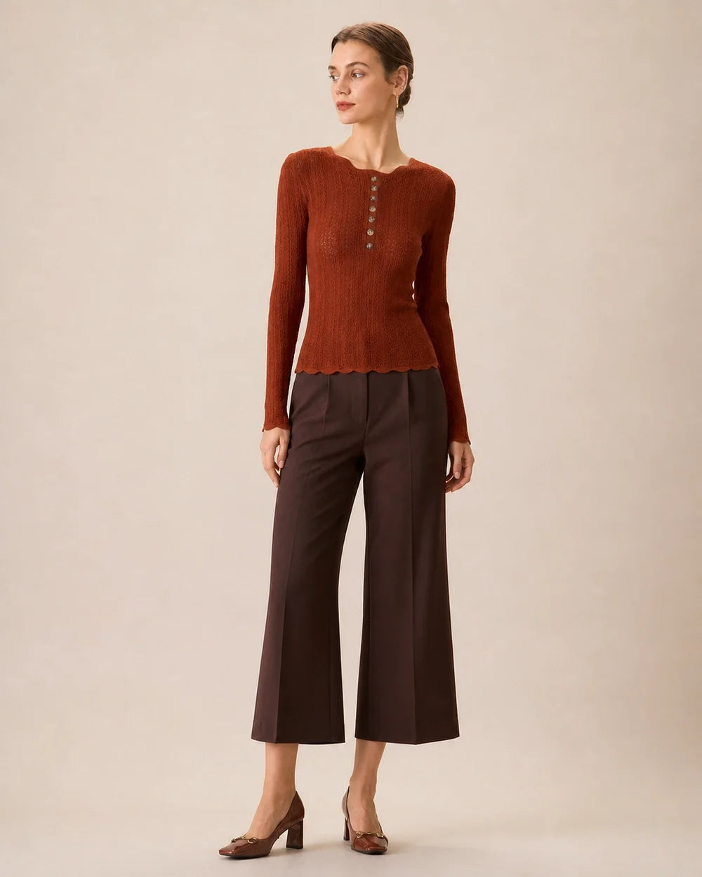 Women's rust fitted button-detail knit top, full-length styled view