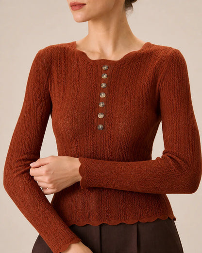 Women's rust fitted button-detail knit top, buttons and scalloped trim detail