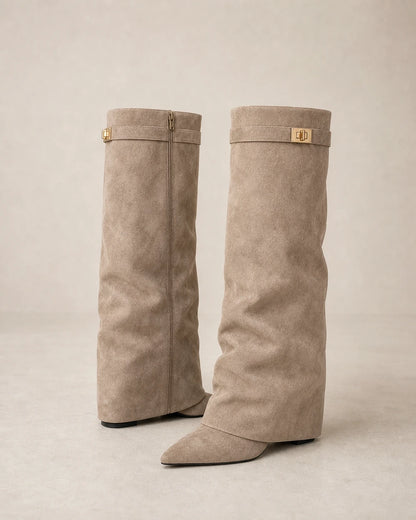 Women's beige suede-effect pointed-toe wedge knee-high boots, product-only pair.