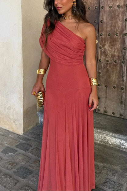 Ariadne | Vestido Comprido Chic Drapeado Um Ombro Franzido Sem Mangas Verão