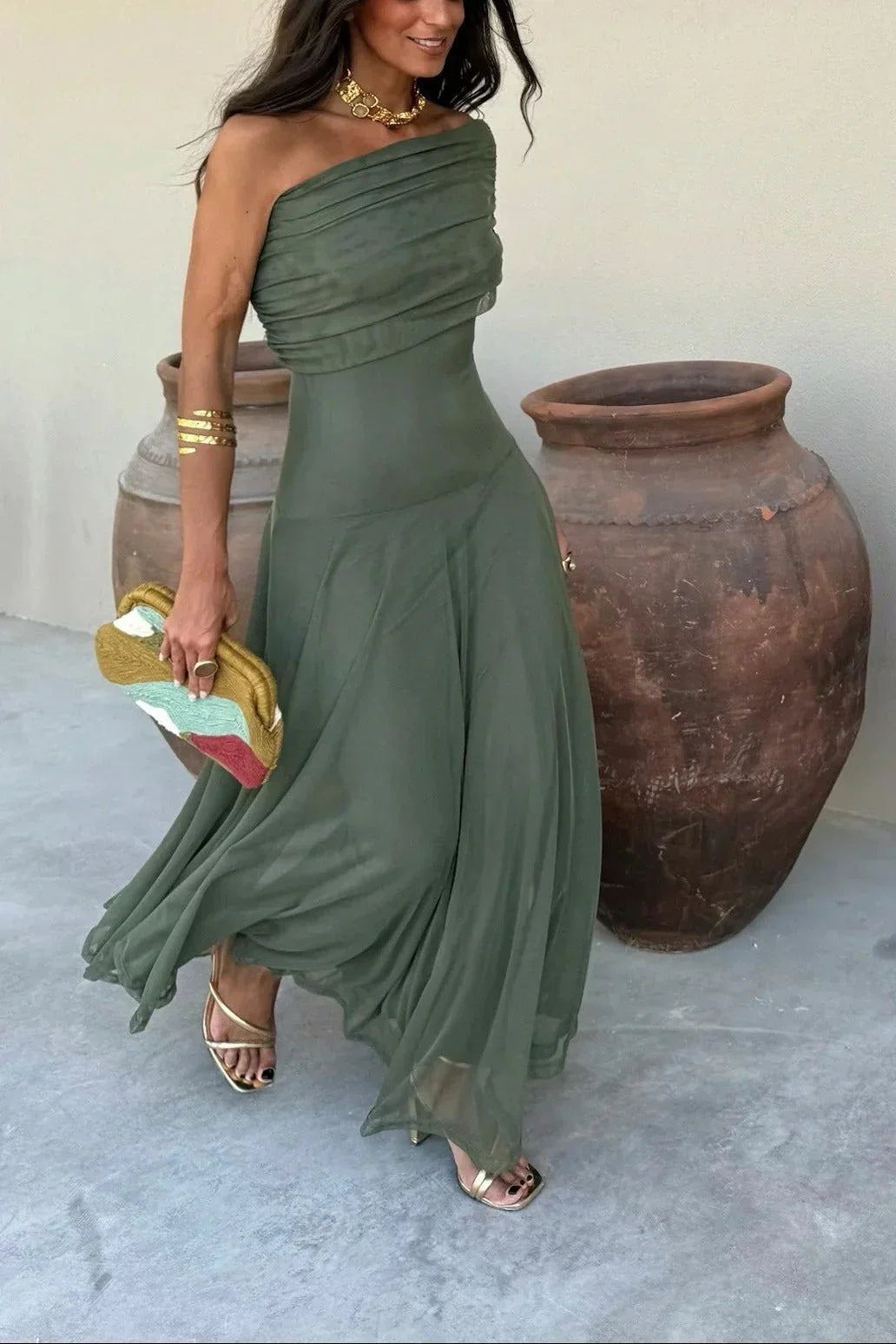 Ariadne | Vestido Comprido Chic Drapeado Um Ombro Franzido Sem Mangas Verão