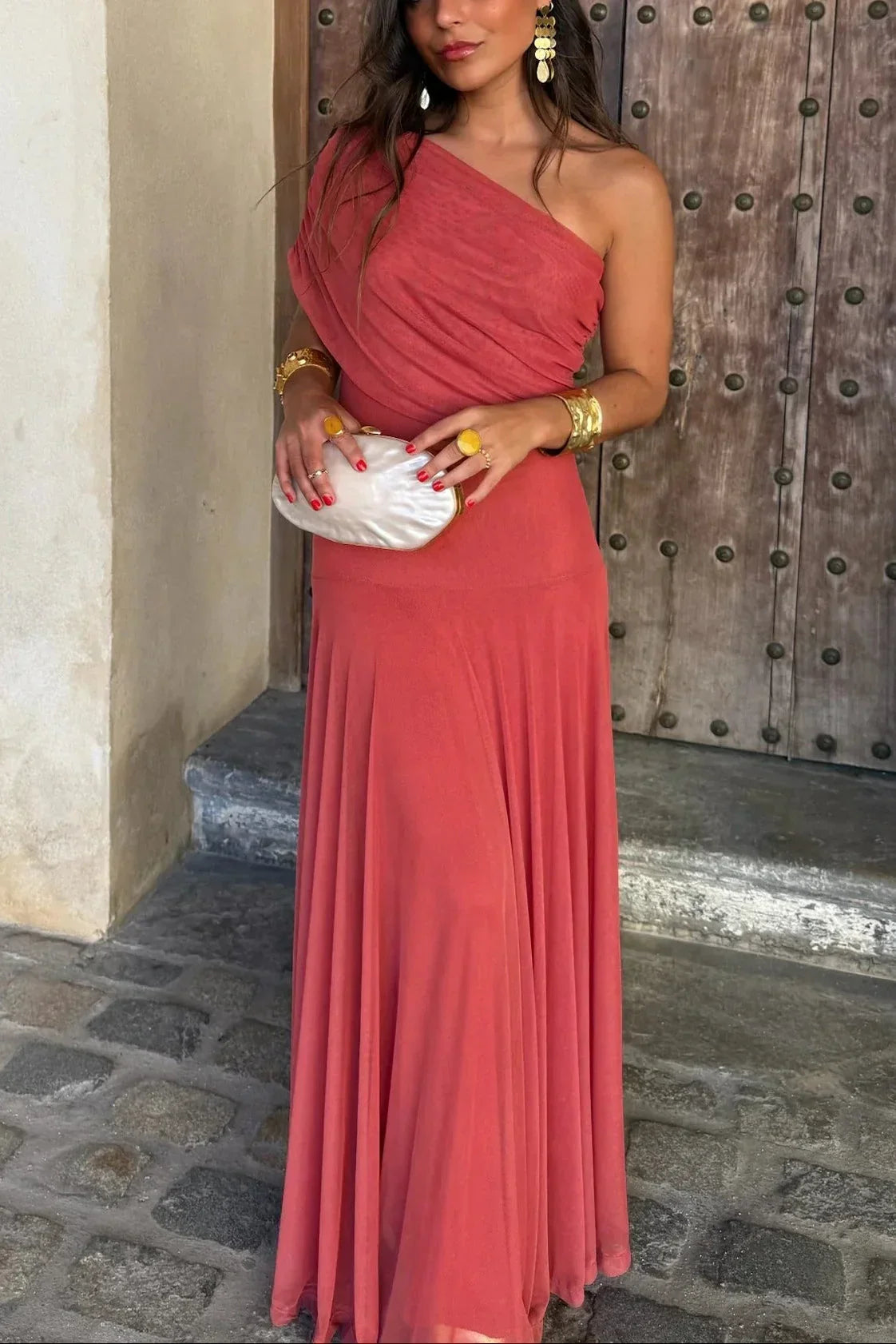 Ariadne | Vestido Comprido Chic Drapeado Um Ombro Franzido Sem Mangas Verão