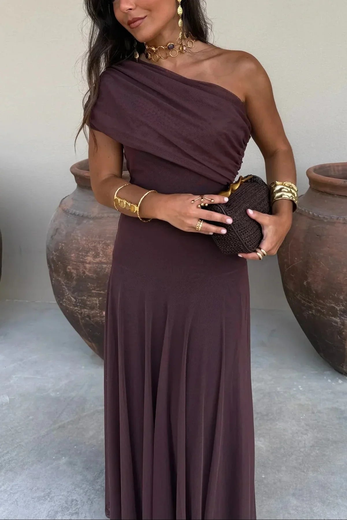 Ariadne | Vestido Comprido Chic Drapeado Um Ombro Franzido Sem Mangas Verão