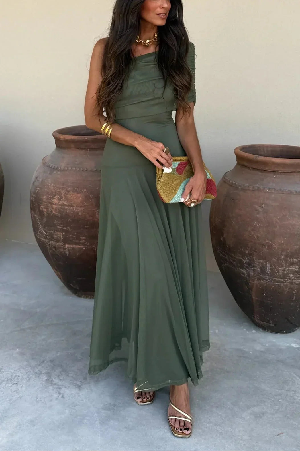 Ariadne | Vestido Comprido Chic Drapeado Um Ombro Franzido Sem Mangas Verão