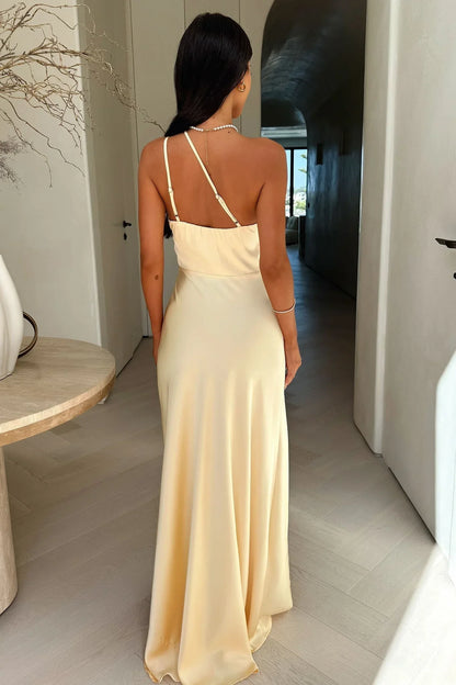 Aurelia | Vestido Comprido Elegante em Cetim Um Ombro Drapeado Racha Alta Verão