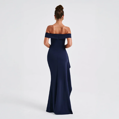 Daniela | Vestido Comprido Elegante Ombros Descobertos Drapeado Racha Alta Noite