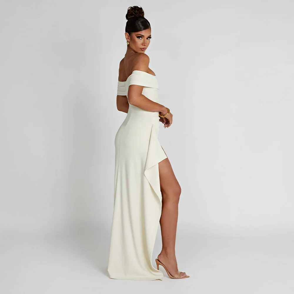 Daniela | Vestido Comprido Elegante Ombros Descobertos Drapeado Racha Alta Noite
