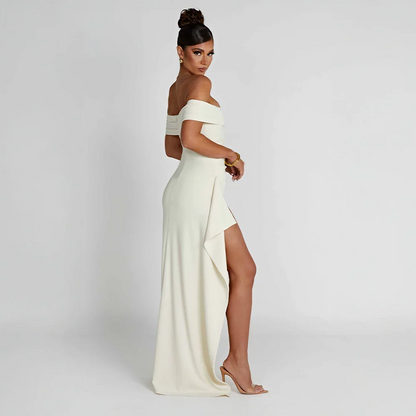 Daniela | Vestido Comprido Elegante Ombros Descobertos Drapeado Racha Alta Noite