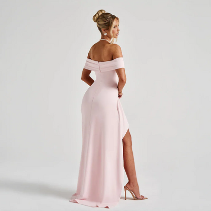 Daniela | Vestido Comprido Elegante Ombros Descobertos Drapeado Racha Alta Noite