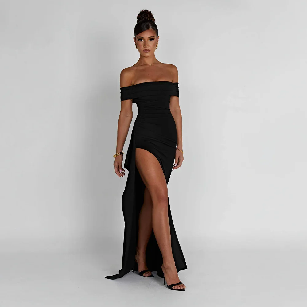 Daniela | Vestido Comprido Elegante Ombros Descobertos Drapeado Racha Alta Noite