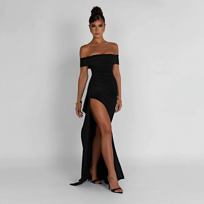 Daniela | Vestido Comprido Elegante Ombros Descobertos Drapeado Racha Alta Noite