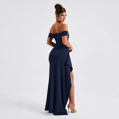 Daniela | Vestido Comprido Elegante Ombros Descobertos Drapeado Racha Alta Noite