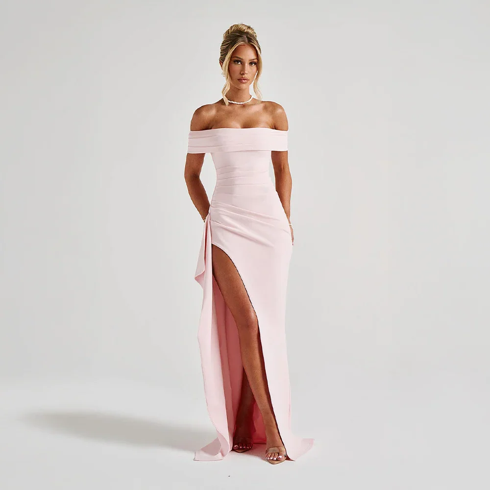 Daniela | Vestido Comprido Elegante Ombros Descobertos Drapeado Racha Alta Noite
