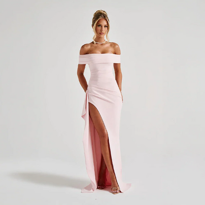 Daniela | Vestido Comprido Elegante Ombros Descobertos Drapeado Racha Alta Noite