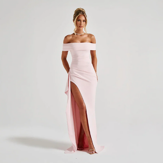Daniela | Vestido Comprido Elegante Ombros Descobertos Drapeado Racha Alta Noite