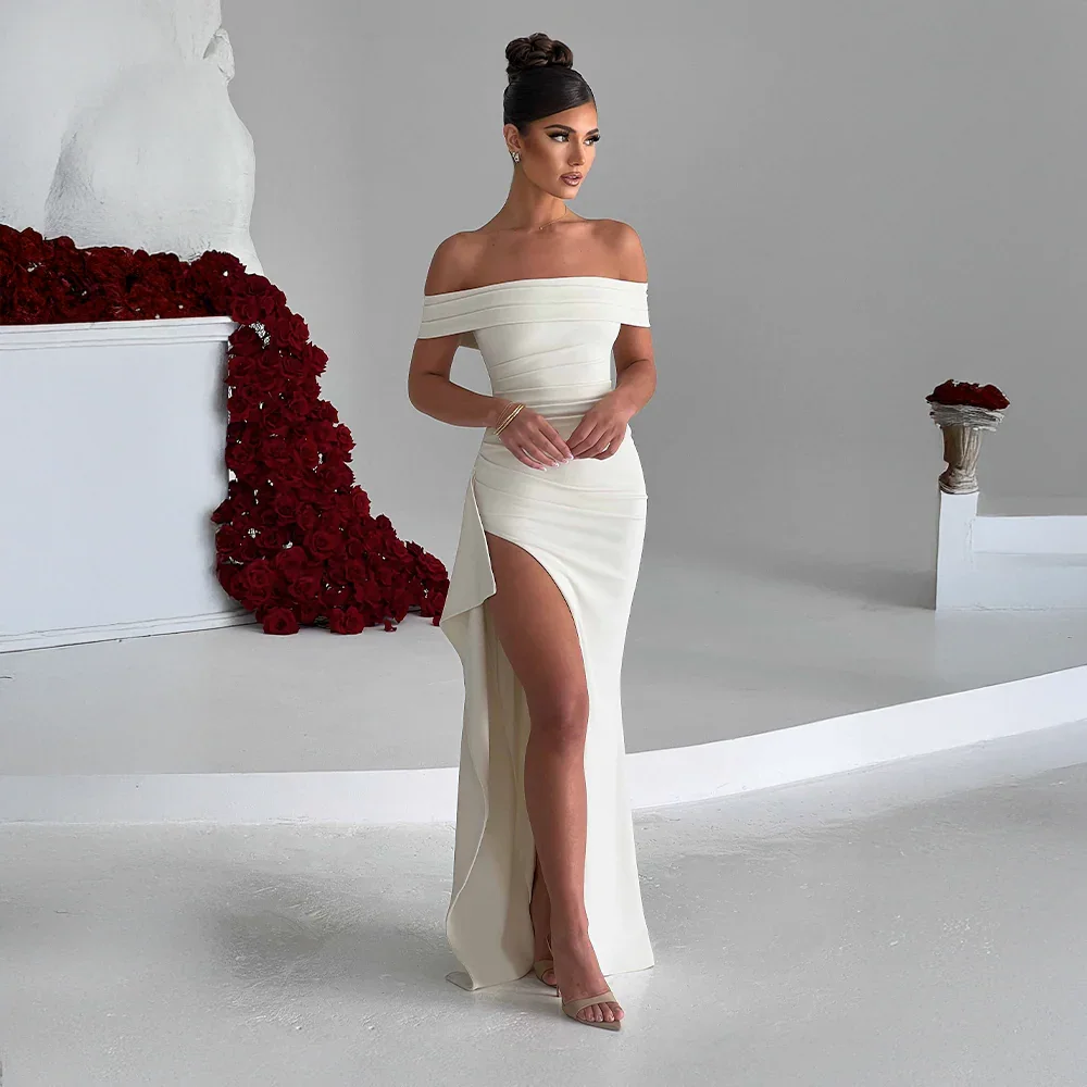 Daniela | Vestido Comprido Elegante Ombros Descobertos Drapeado Racha Alta Noite