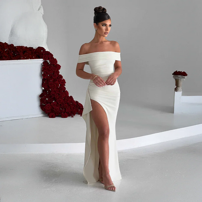 Daniela | Vestido Comprido Elegante Ombros Descobertos Drapeado Racha Alta Noite