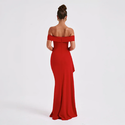 Daniela | Vestido Comprido Elegante Ombros Descobertos Drapeado Racha Alta Noite