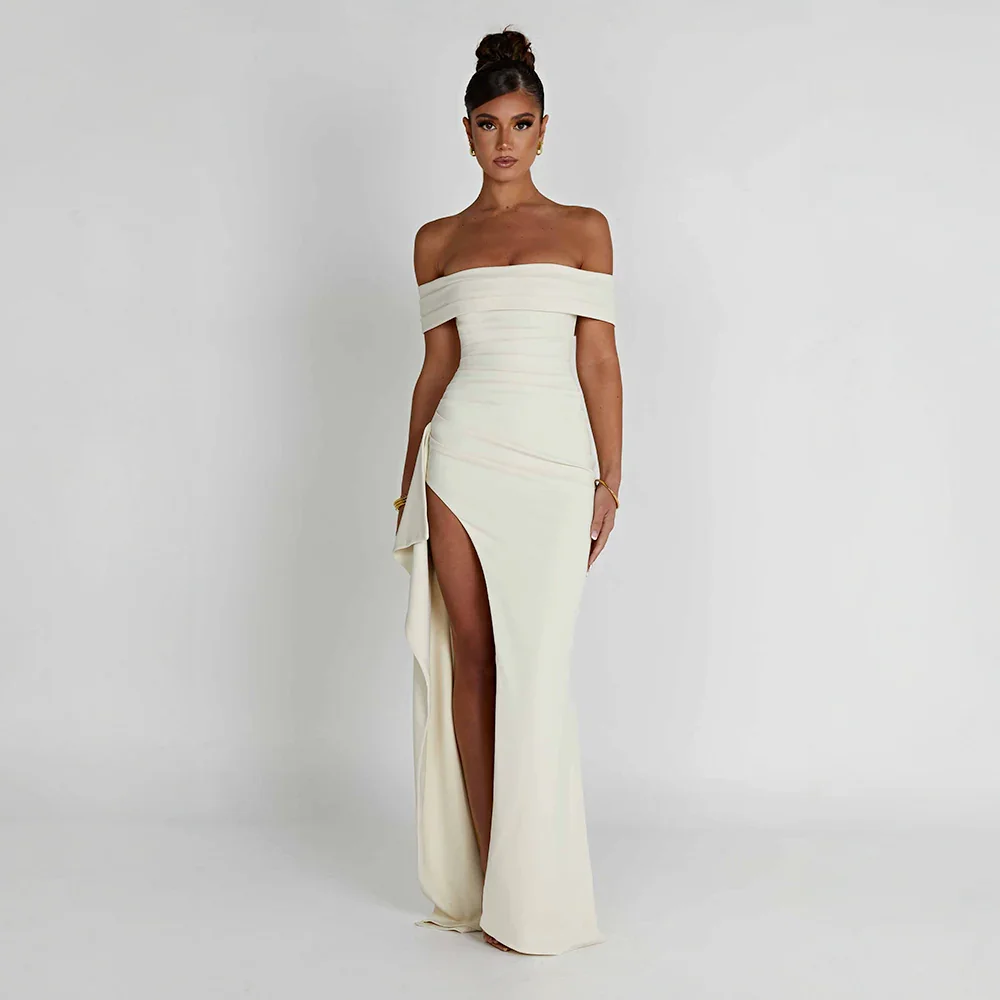 Daniela | Vestido Comprido Elegante Ombros Descobertos Drapeado Racha Alta Noite