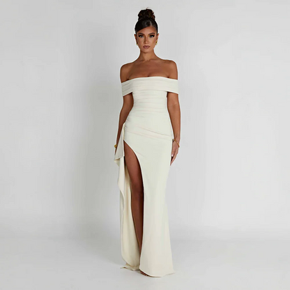 Daniela | Vestido Comprido Elegante Ombros Descobertos Drapeado Racha Alta Noite