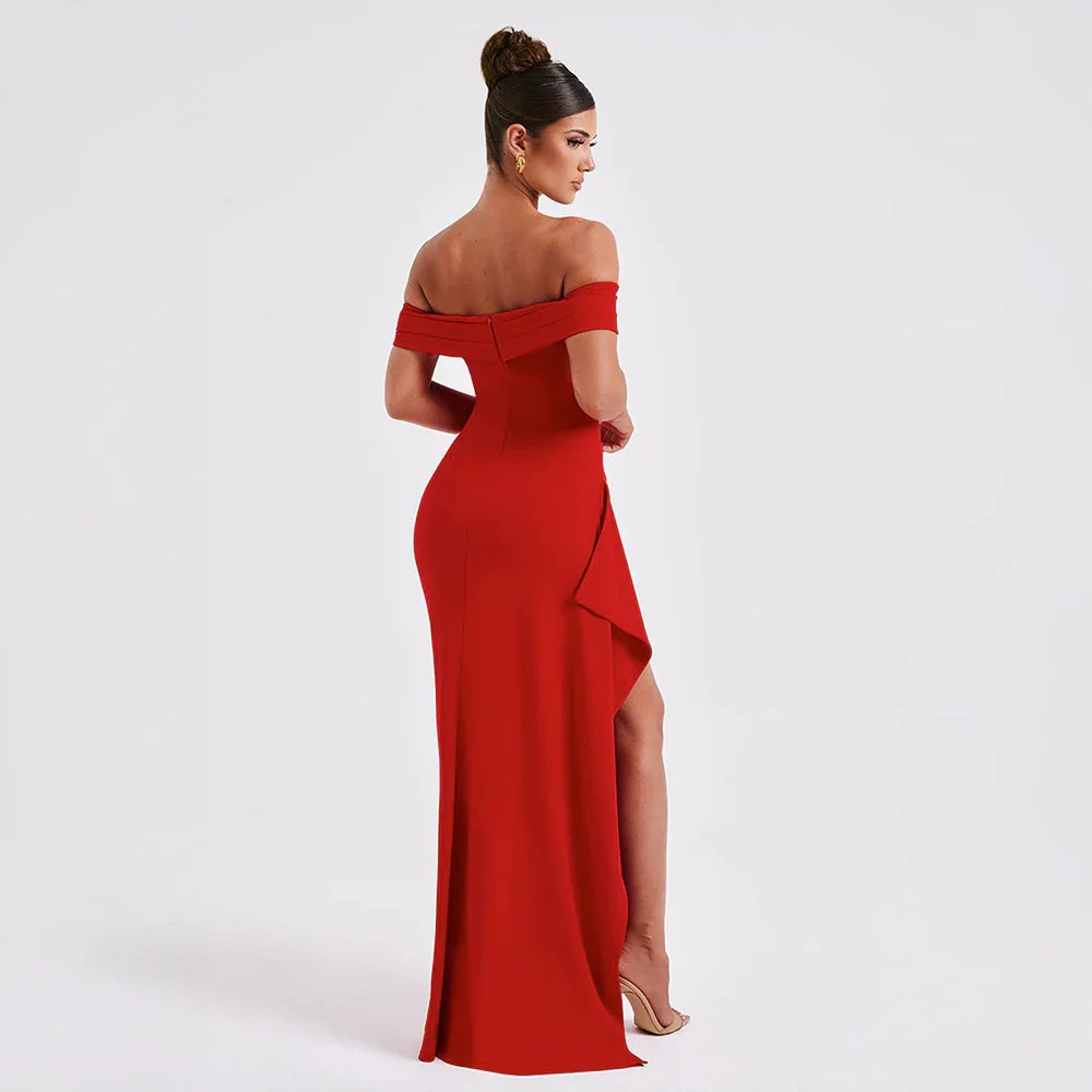 Daniela | Vestido Comprido Elegante Ombros Descobertos Drapeado Racha Alta Noite