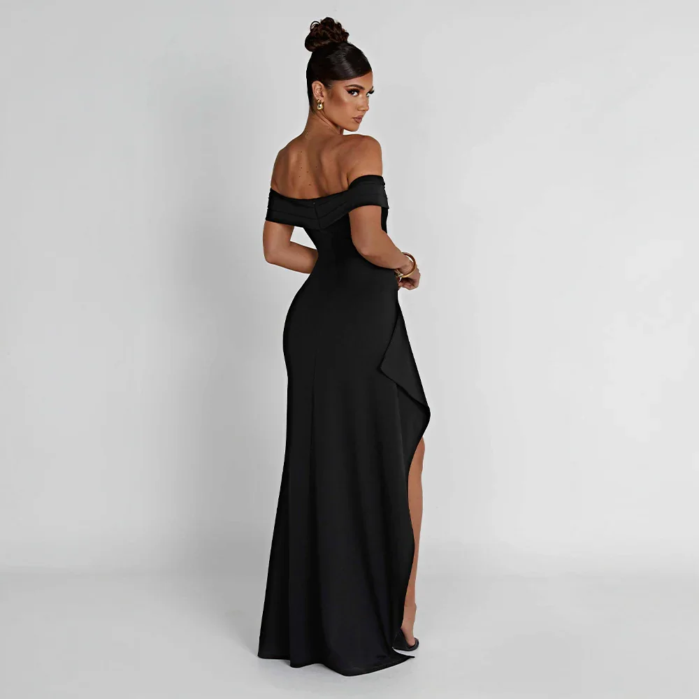Daniela | Vestido Comprido Elegante Ombros Descobertos Drapeado Racha Alta Noite