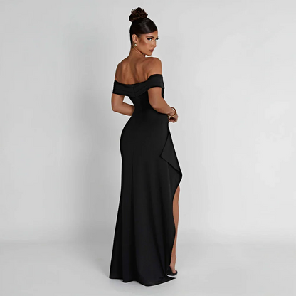Daniela | Vestido Comprido Elegante Ombros Descobertos Drapeado Racha Alta Noite