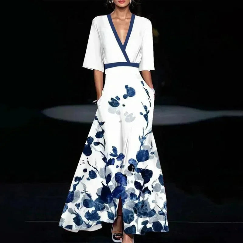 Florentia | Vestido Comprido com Estampado Floral Decote em V Cruzado com Cinto Verão