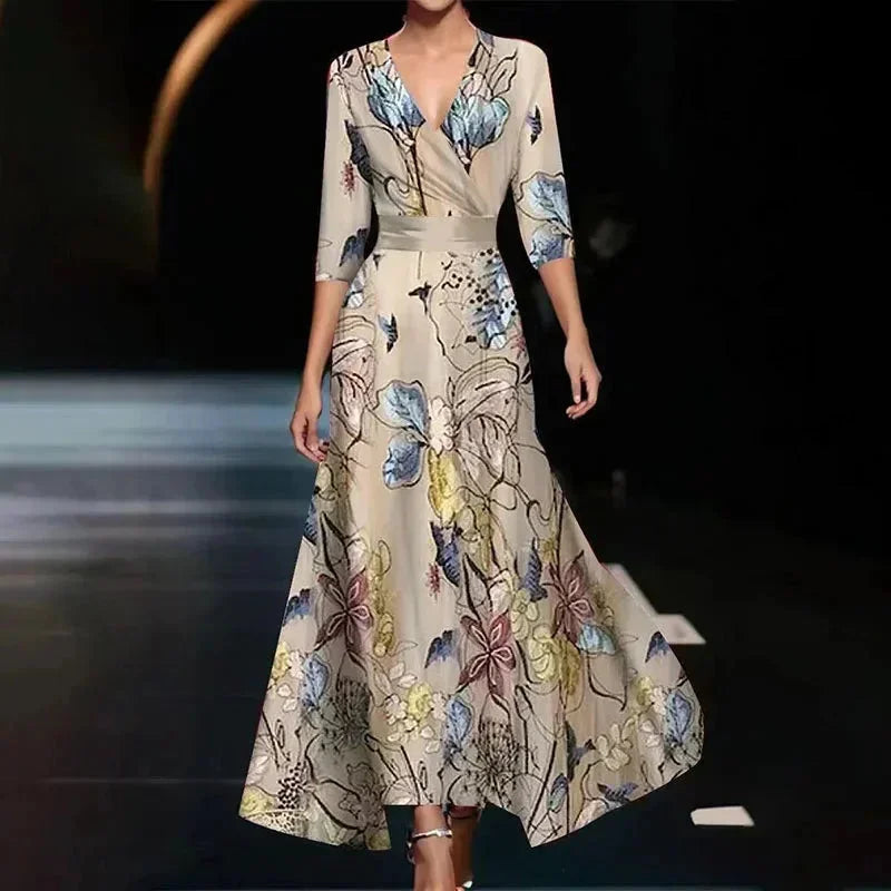 Florentia | Vestido Comprido com Estampado Floral Decote em V Cruzado com Cinto Verão