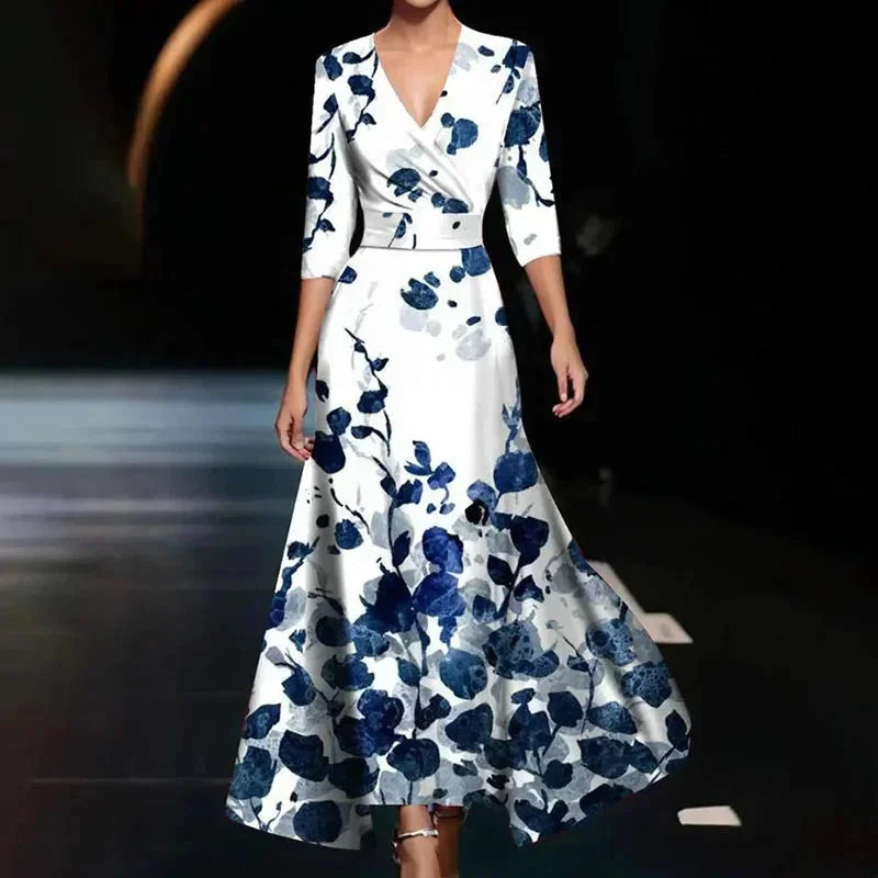 Florentia | Vestido Comprido com Estampado Floral Decote em V Cruzado com Cinto Verão
