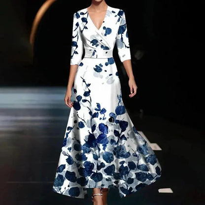 Florentia | Vestido Comprido com Estampado Floral Decote em V Cruzado com Cinto Verão