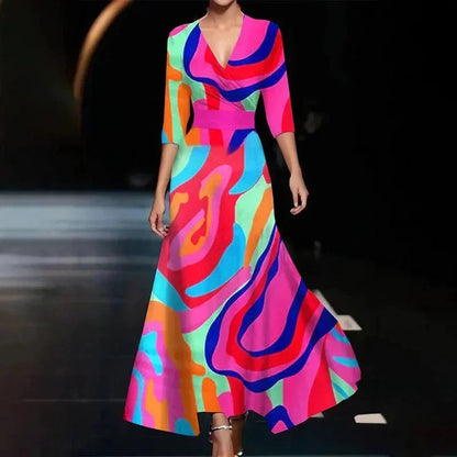 Florentia | Vestido Comprido com Estampado Floral Decote em V Cruzado com Cinto Verão