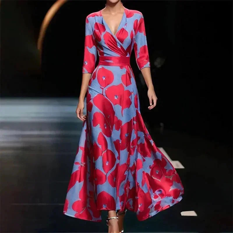 Florentia | Vestido Comprido com Estampado Floral Decote em V Cruzado com Cinto Verão
