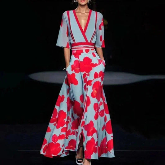 Florentia | Vestido Comprido com Estampado Floral Decote em V Cruzado com Cinto Verão