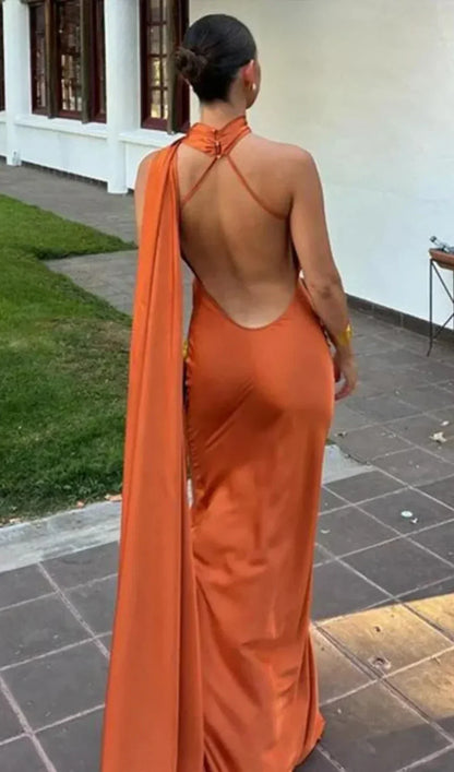 Ottavia | Vestido Comprido em Cetim Drapeado Um Ombro com Capa Noite