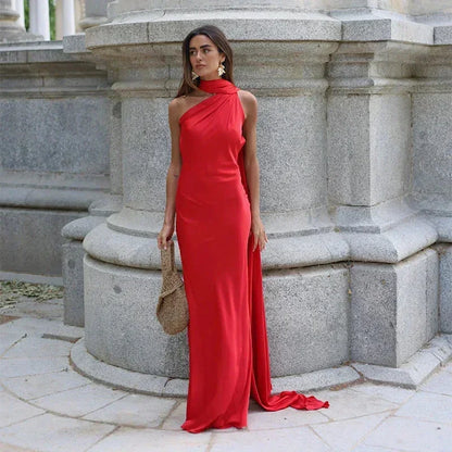 Ottavia | Vestido Comprido em Cetim Drapeado Um Ombro com Capa Noite