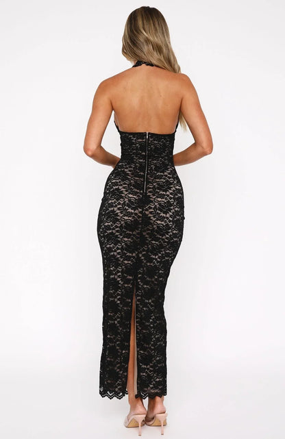 Anatolia | Vestido Comprido Elegante em Renda Floral Decote Profundo Halter Costas Decotadas Noite