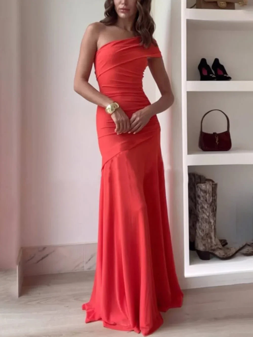 Eliana | Vestido Comprido Elegante Um Ombro Drapeado Assimétrico Noite