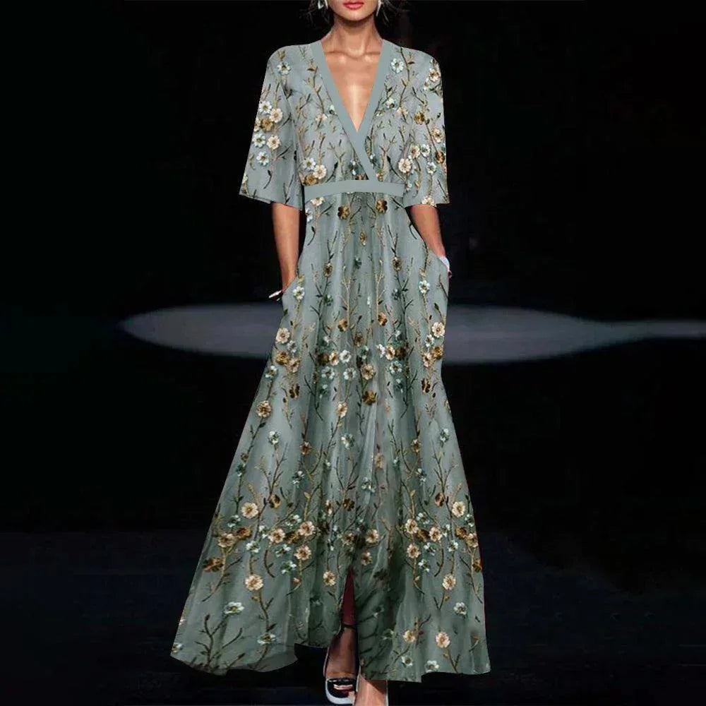 Fiorella | Vestido Comprido Boho Floral Decote em V Manga Comprida Fluido Primavera
